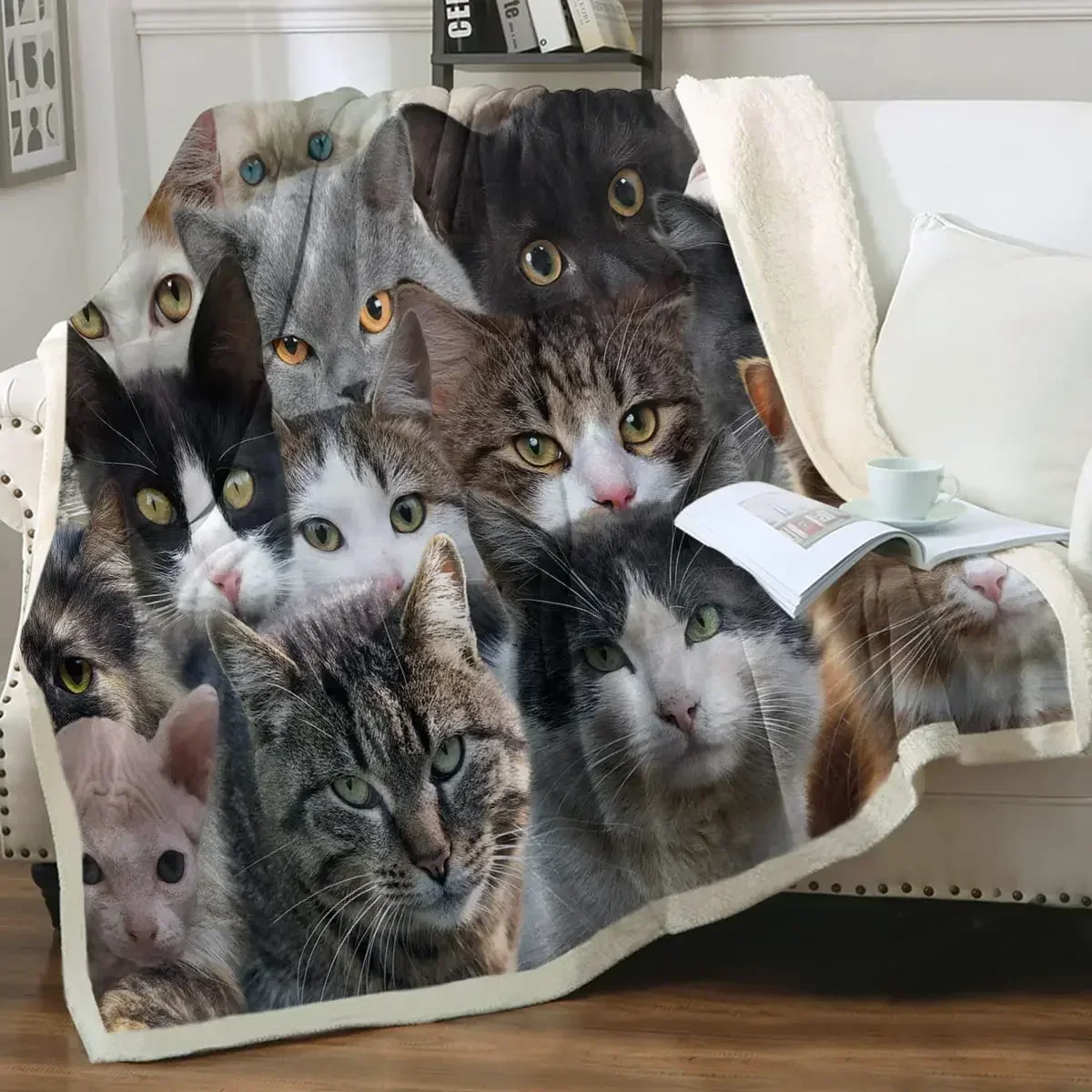 Grey and White Cats Blanket Plush Sherpa Flannel Throw Blankets for Couch Sofa Super Soft Blanket Bedroom TV Throw Blanket Full