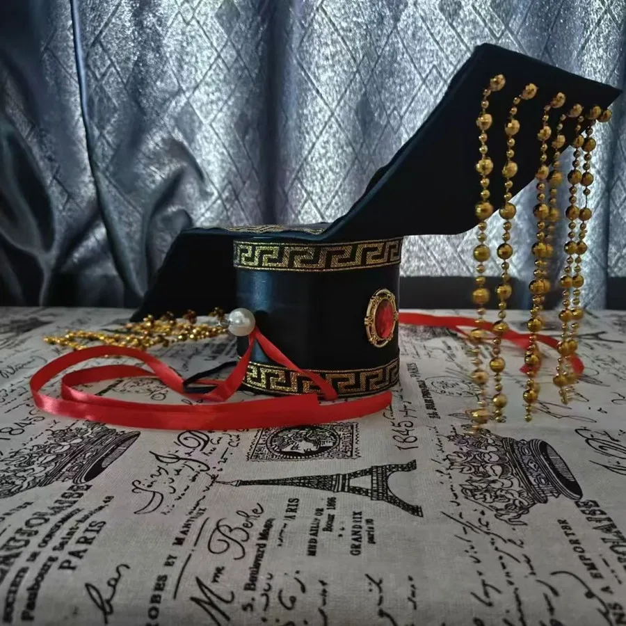 

Black Qin shihuang Hat Chinese Ancient Emperor Headgear Palace Tassel Head Crown Retro TV Movie Photography Headwear