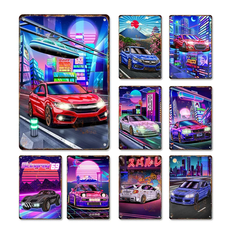 

Street Racing Cool Neon Style Metal Poster Tin Sign Iron Painting Living Room Boys Home Garage Decor Wall Art Picture Frameless