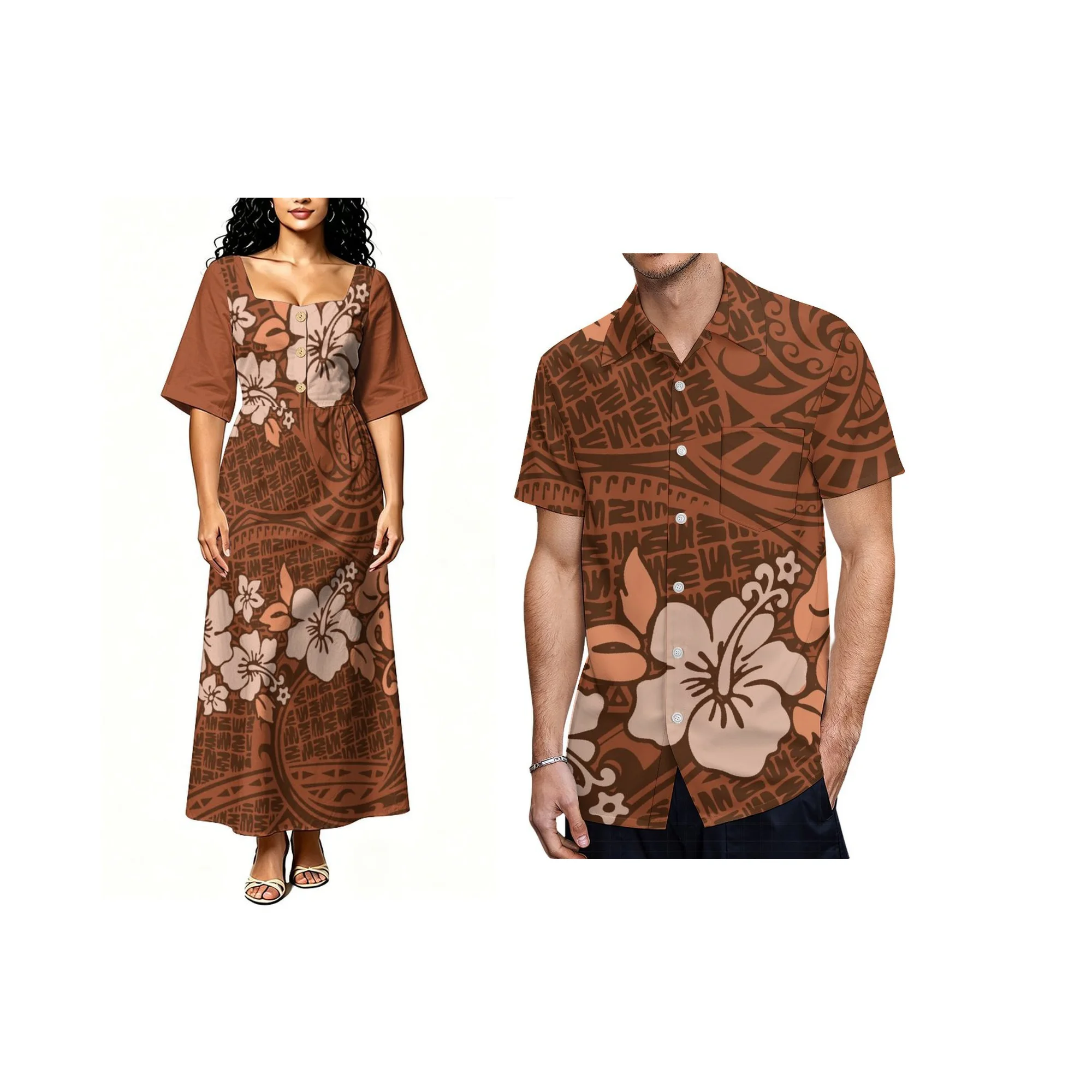 Women Custom Olive‑Green Geometric Samoan  Tribal Print Square Neck Button Front Sleeve Loose A-Line Island Dress