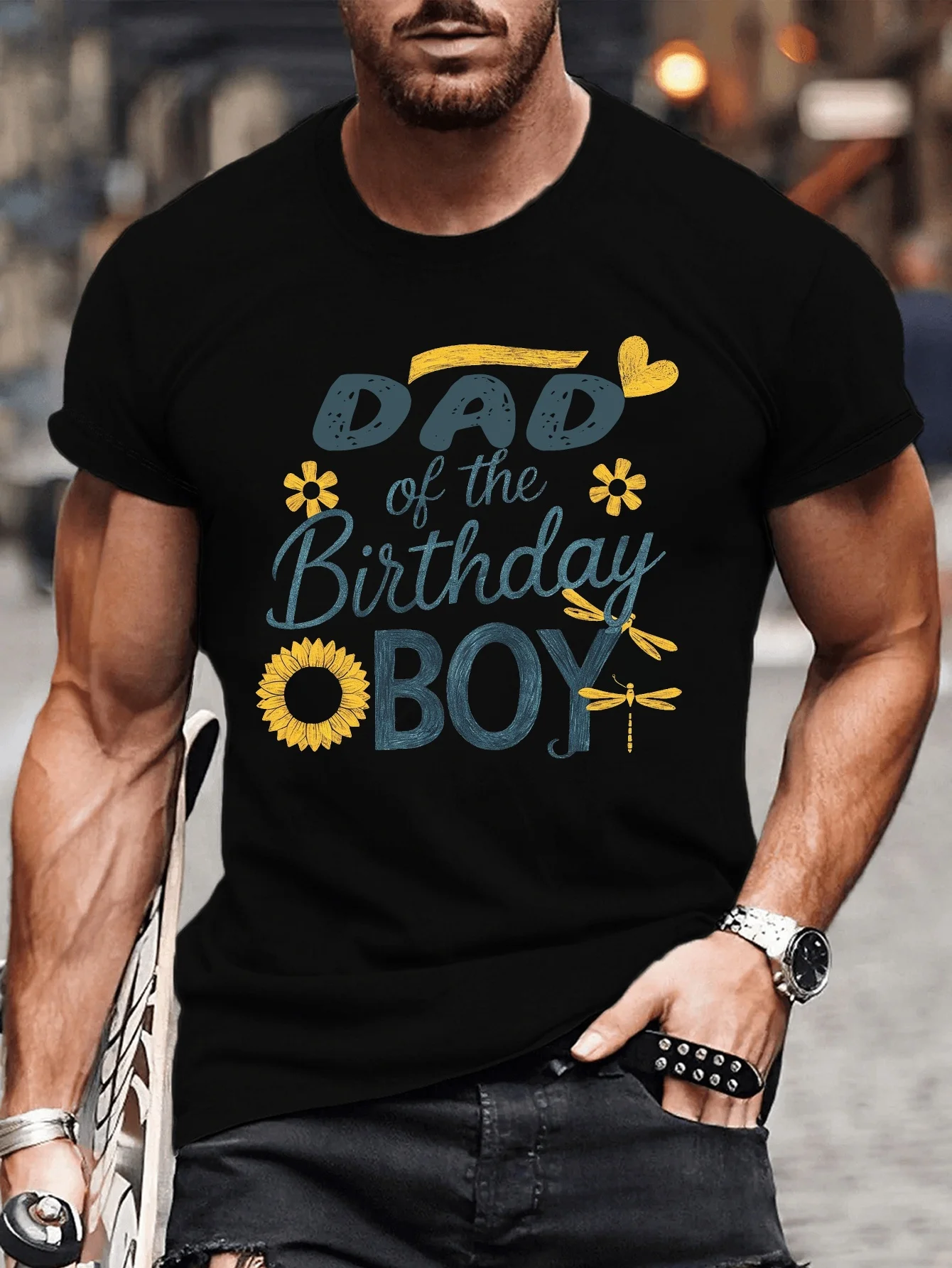 DAD OF THE BIRTHDAY BOY and Sunflowers Printed Men's Round Neck Short Sleeved T-shirt, Comfortable Versatile Top for Summer Daily & Sports Wear
