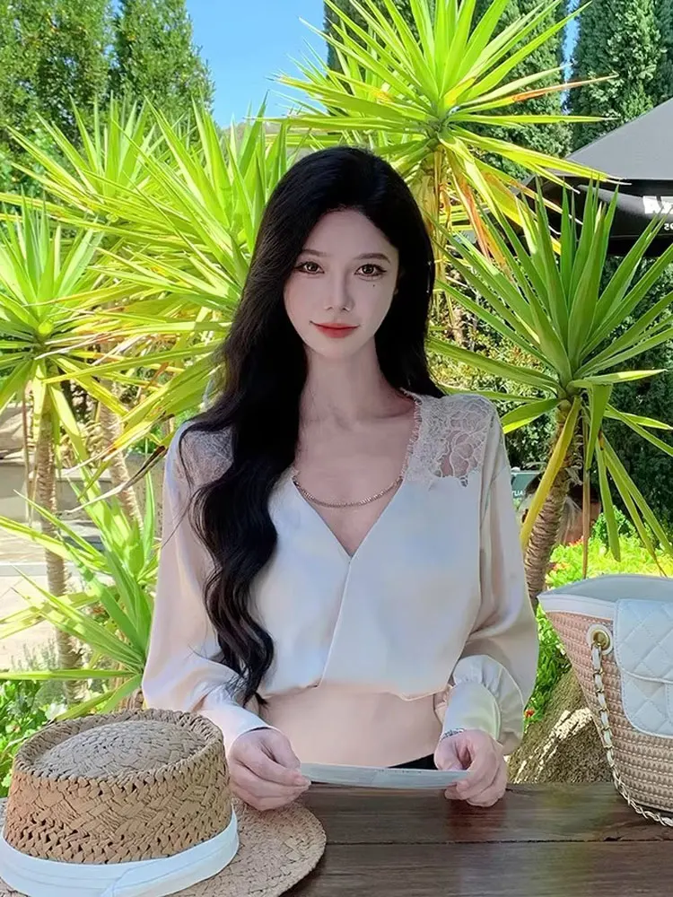 

Ele Lace irt Women's V-ne Slimming ort Top Pure Desire Sexy Waist-cinching Spring Faion High-end Feel Ladylike