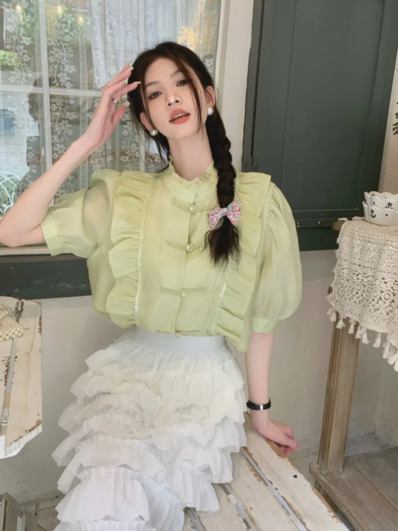 

Женская свободная рубашка Kumikumi Green Slimming с коротким рукавом, на пуговицах, в новом китайском стиле, с рукавами-фонариками и воротником-стойкой