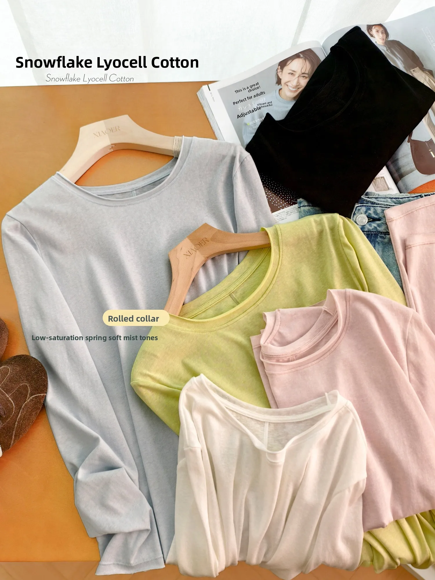 Loose Fit round Neck Long Sleeve T-Shirt Snowflake Cotton Cuffed Lazy Roll  Sewn Inner Standard Edition Women's Top