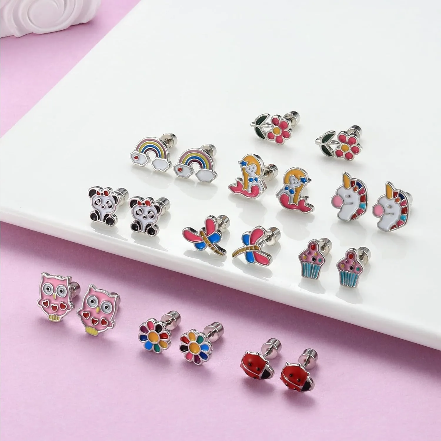 Bobisty 10 Pairs Stainless Steel Screw Back Earrings for Women CZ Heart Butterfly Ball Earrings Cat Rainbow Stud Earrings Set