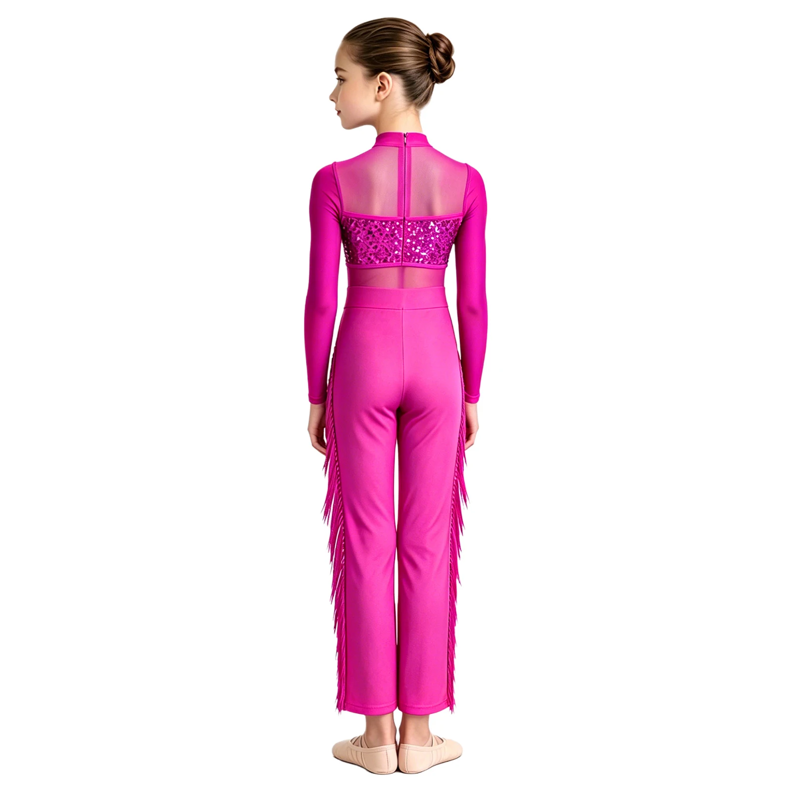 Kids Girls Latin Tango Samba Salsa Dance Jumpsuit Long Sleeve Mesh Sequin Bodice Tassels Bodysuit Ballroom Jazz Modern Dancewear