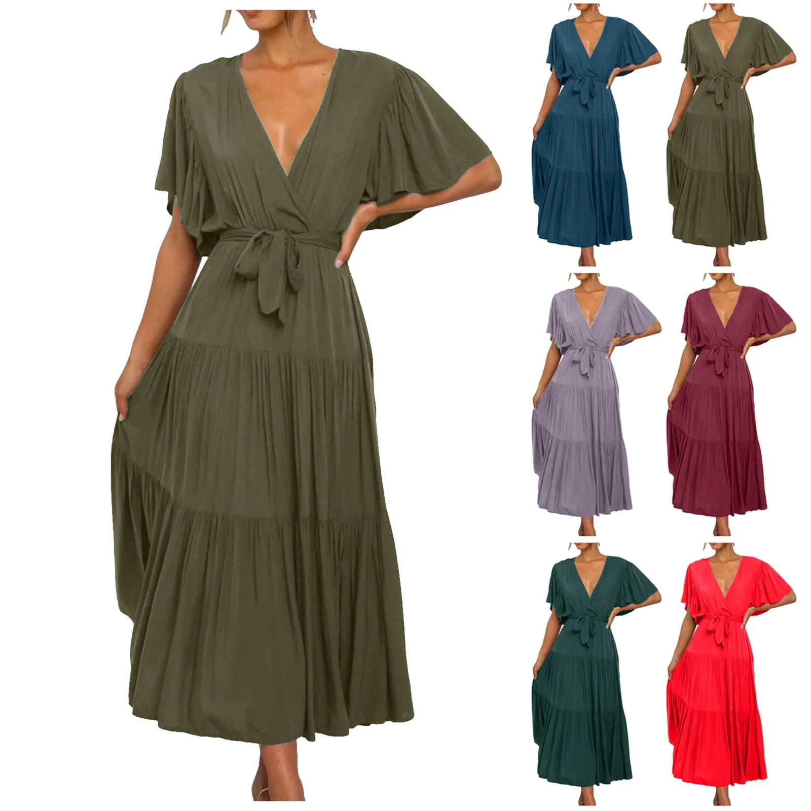 

Women's Bohemia Dress Summer New Casual Solid Color Short Sleeve Maxi Dress Fashion Lace-up High Waist Ruffled Dresses 2024