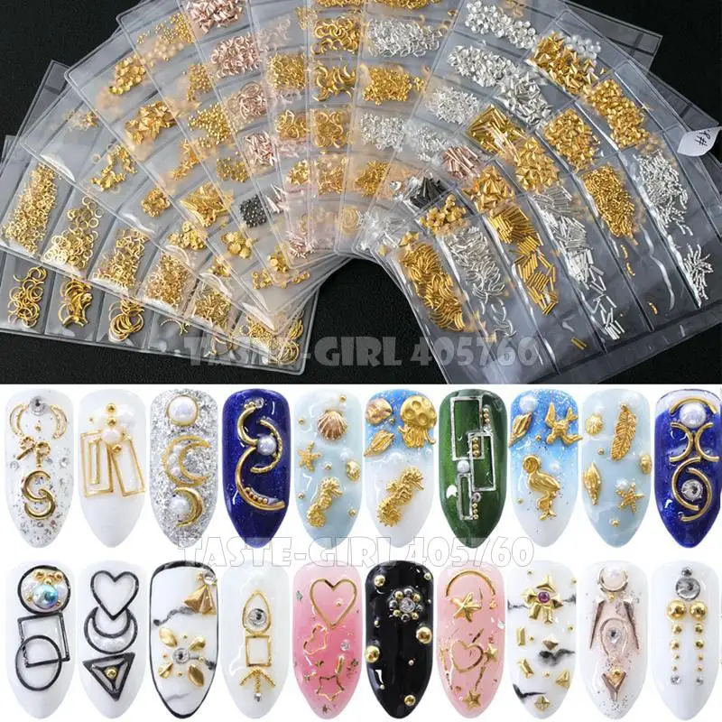 6 Shape/Pack Mix Shapes Gold Silver Black Various Metal Caviars Bars Frame 3D Studs Nail Art Alloy Decorations Manicure Gems