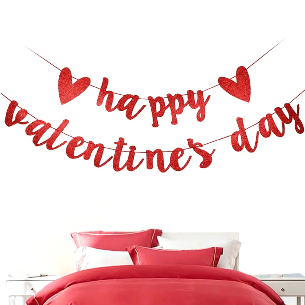 

Festival Hanging Decor Valentines Day Glitter Banner Red Reusable Easy to Decorate Happy Valentines Day Banner