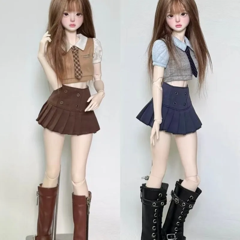 Obitsu 24 Doll Clothes JK Uniform Knit Vest Bubble Sleeve Shirt with Tie&Cowboy Pleated Skirt for Blythe 1/6 BJD Dolls Dress Up