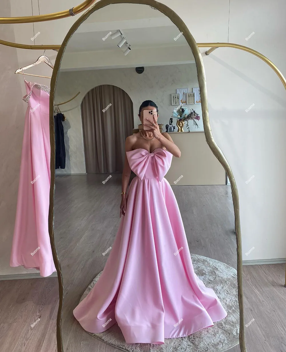 Booma A-Line Pink Evening Dresses Strapless Sleeveless Satin Wedding Party Gowns with Big Bow Formal Occasion Gowns for Women