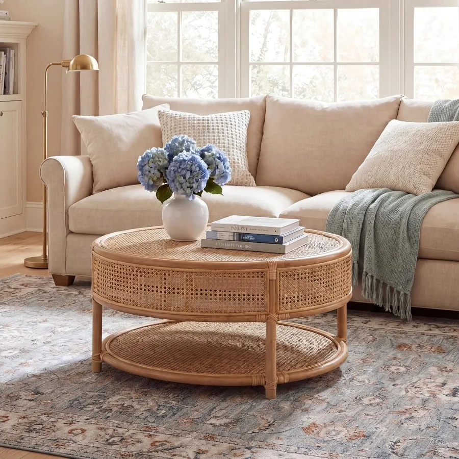 Home Collection - Honey Brown Wash Rattan Coffee Table, Round Boho Coastal Design for Living Room, Fully Assembled