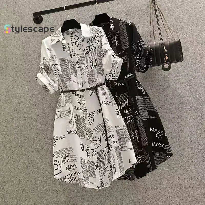 Vestido feminino estampado com letras, irmã gorda, redução de idade, pescoço polo, cintura embrulhado, elegante, grande, novo