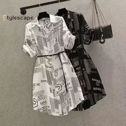 Large Women's Summer New Fat Sister French Age Reducing Polo Neck Waist Wrapped Letter Printed Dress Fashionable Women