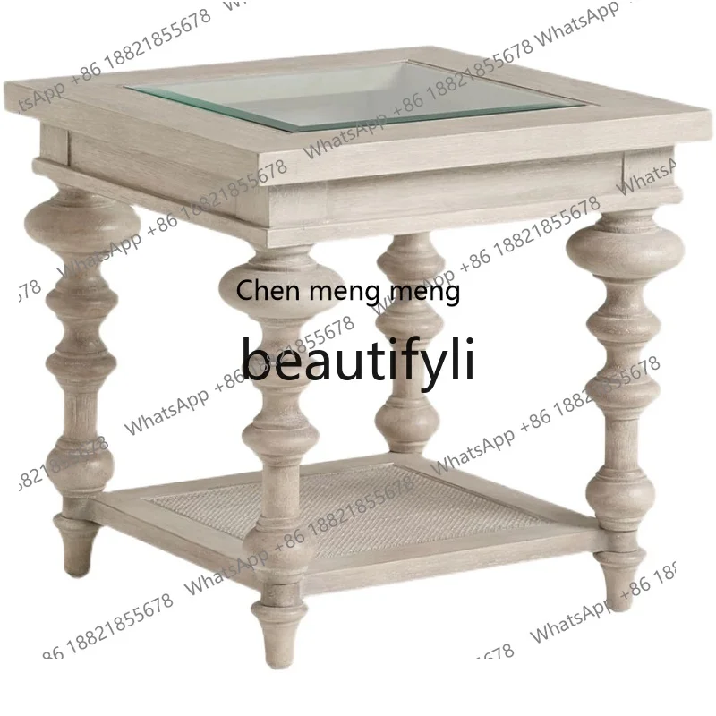 X Solid Wood Square Side  Sofa   Living Room Glass Corner Table Modern Double Layer Storage Rack Flower Table