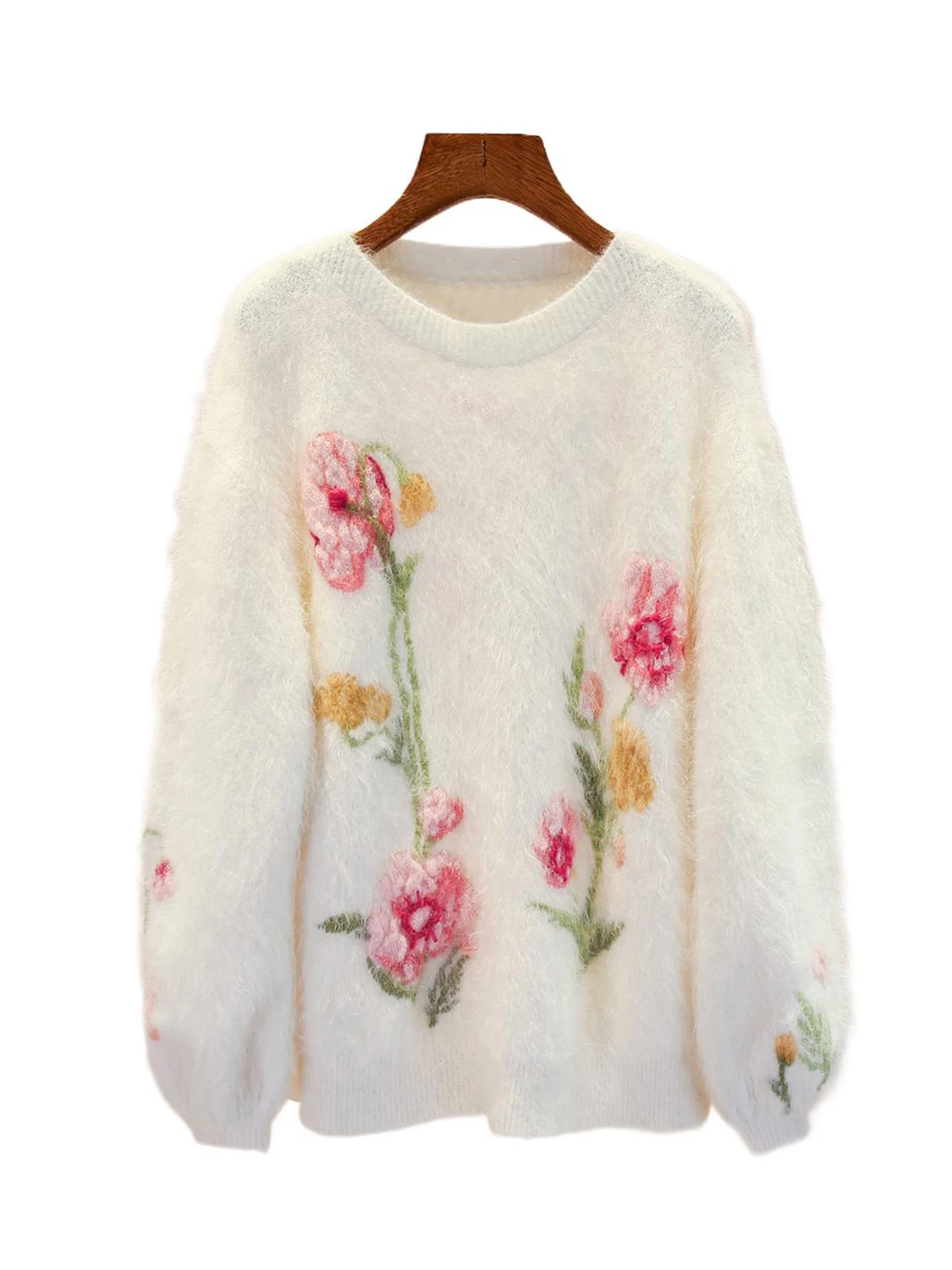 French Sle Loose Knitted Sweater Women's Floral Embroidery Top Comfortable Long Sve round Ne Pullover Autumn Faion