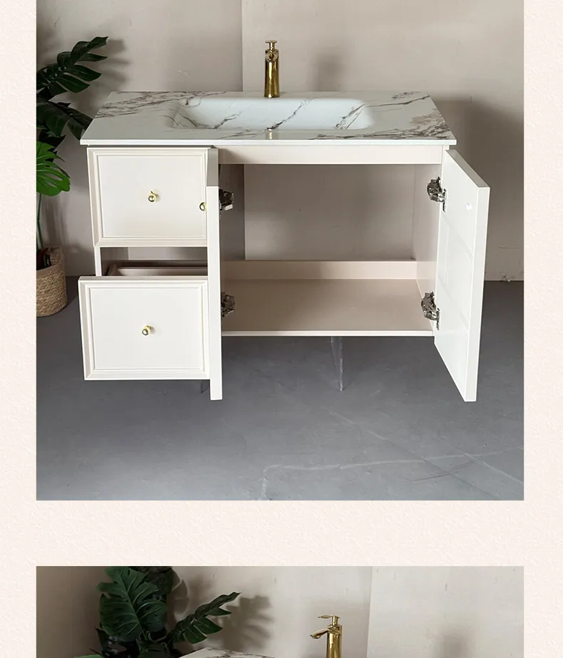 French cream wind bathroom cabinet ceramic integrated basin Corian washbasin combination rock slab hot bending sink