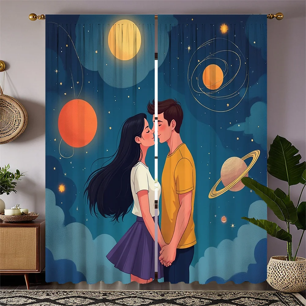 2pcs HD Digital Curtain Print - Cosmic Starry Sky Series: Couple Holding Hands and Kissing Under the Stars with Planets and Clou