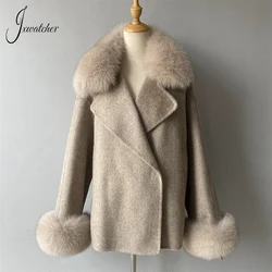 Jxwatcher Women's Wool Coat with Real Fox Fur Collar Cuffs Ladies Autumn Winter High-end 100% Wool Coats 2024 New In Outerwear