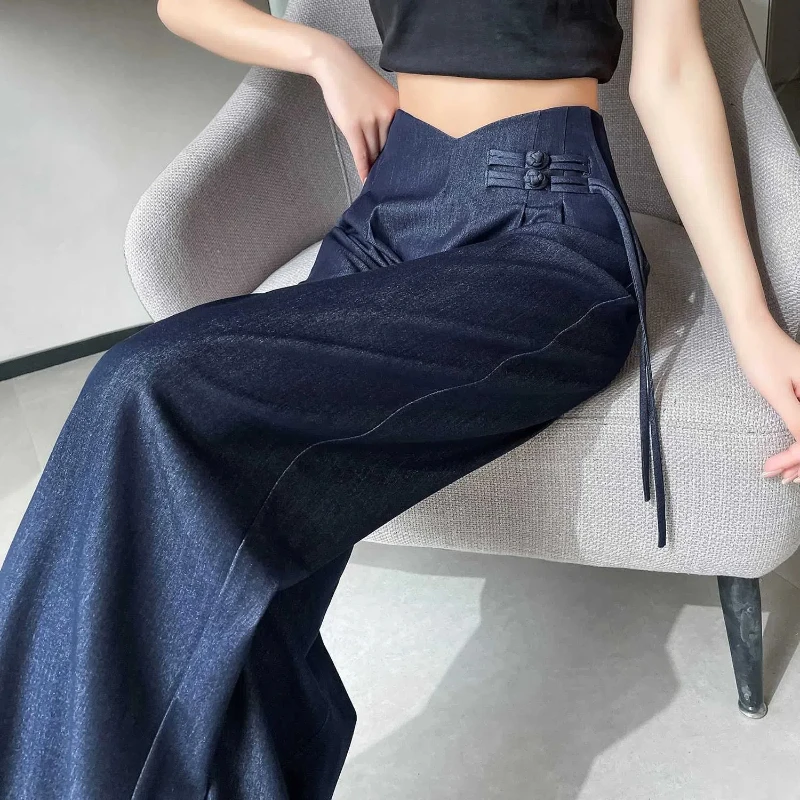 Summer New High Waist Ice Silk Loose Wide Leg Pants Solid Color Simplicity Vintage Straight Pants Fashion Casual Women Clothing