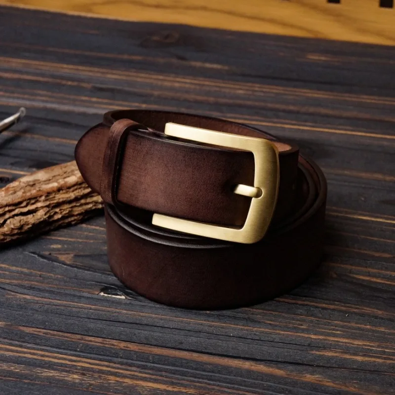 

Luxury Cowhide Belt for Men with Brass Buckle Versatile Handcrafted Leather Belt for Popular Jeans 3.8cm Width