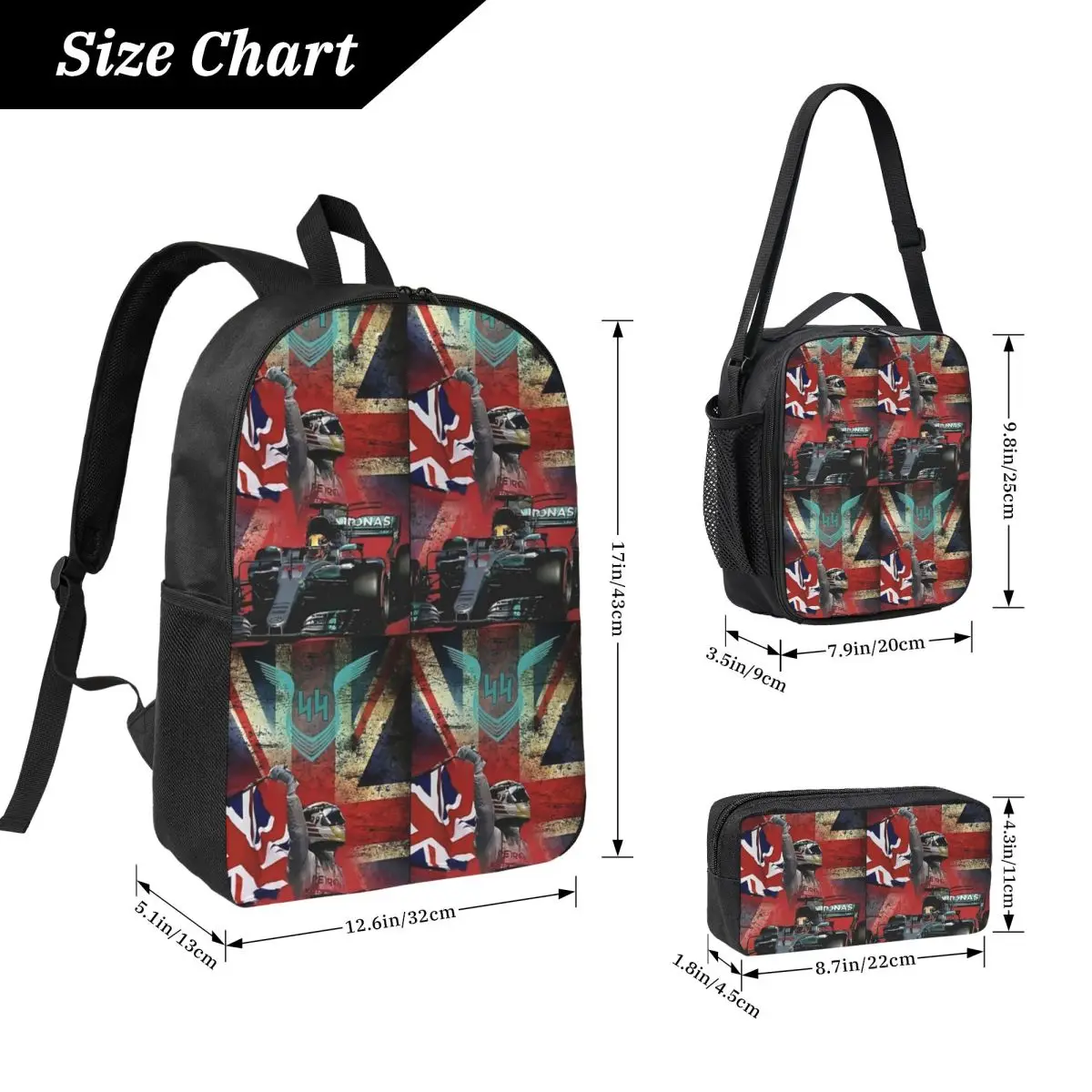 Lewis Hamilton_Vintage F1 2023 Backpack Boys Girls BookBag School Bag Computer Shoulder Bags 3ps Insulated Lunch Bag Pencil Case
