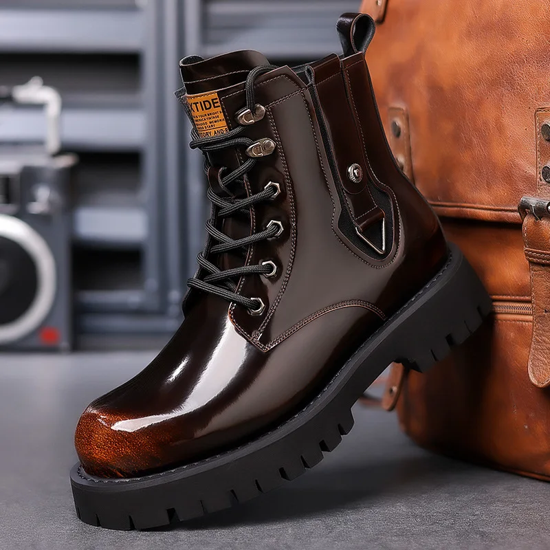 British Style Men Boots Round Toe Lace Up Chelsea Boots Fashion Bright Leather Men Short Motorcycle Boots High Shoes