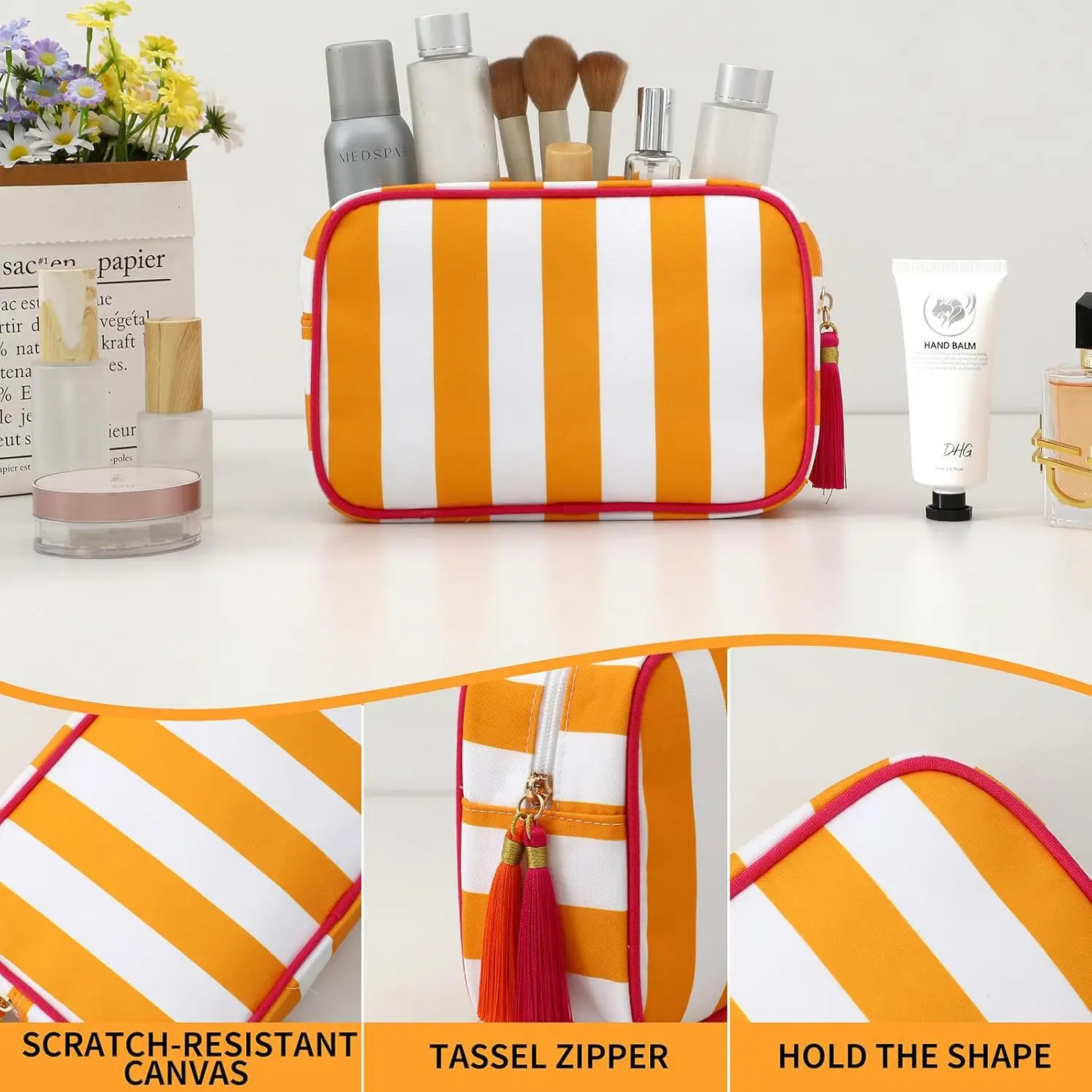 Große gestreifte tragbare Kosmetiktasche für Damen, Make-up-Tasche mit Quasten und Reißverschluss, große Kapazität, lässige Tragetasche mit Reißverschluss – Detail 2