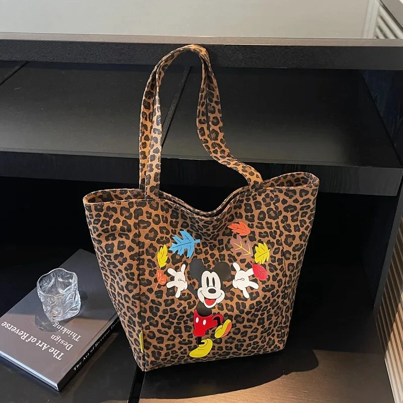 

Leopard Print Tote Bag Cartoon Patch Decor Large Capacity Handbag Retro Stylish Versatile Commuter Shoulder Bag