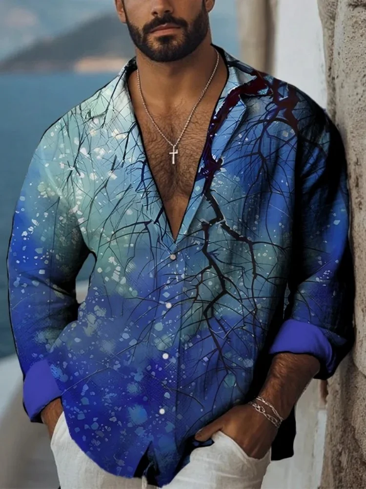 الرجال مابل ليف النمط الصيني الفن طباعة قميص طويل الأكمام موضة البوهيمي التلبيب طوق بلوزة 2025 الخريف Vintage الستر الذكور #2