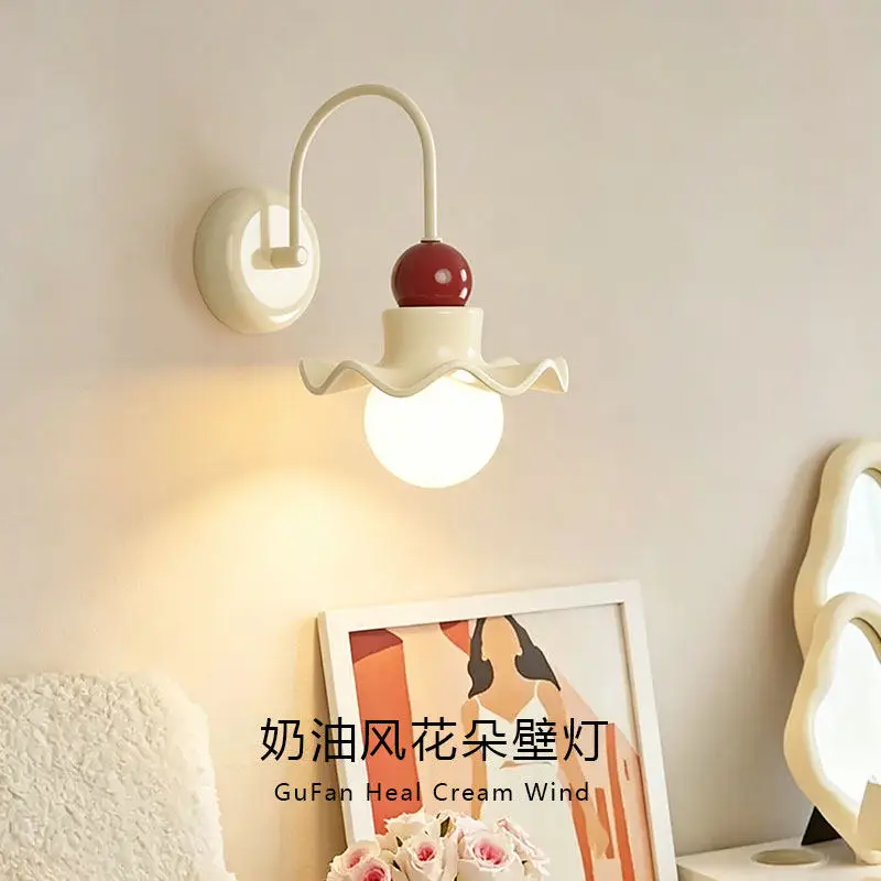 

French Cream Style Flower Wall Lamp Living Room Background Wall Corridor Foyer Decorative Cute Bedroom Bedside Lighting Sconces