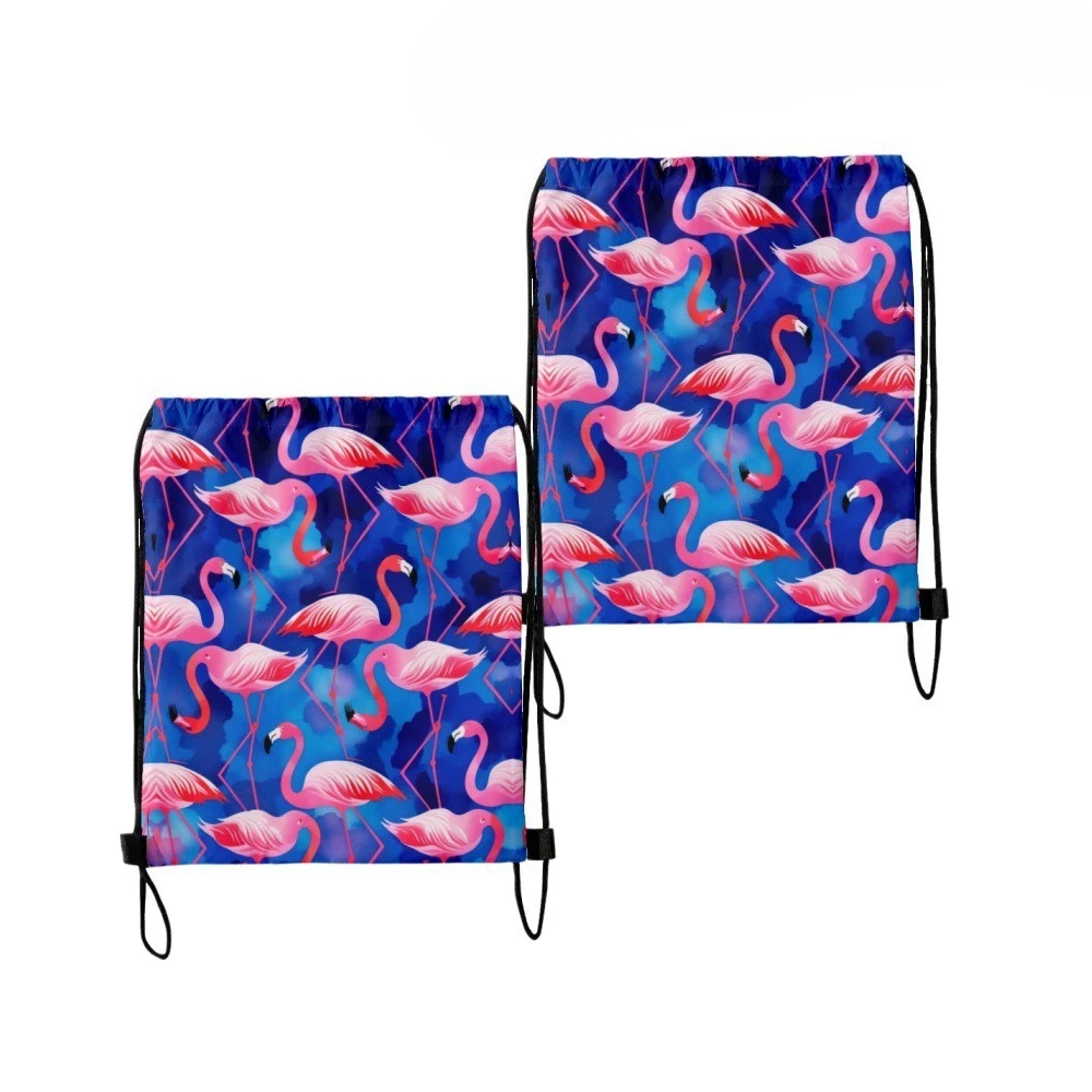 2PCS Pink Flamingo Summer Palm Trees Print Drawstring Bags Hiking Outdoor Oxford Beach Travel Storage ​Trendy Streetwear Bags