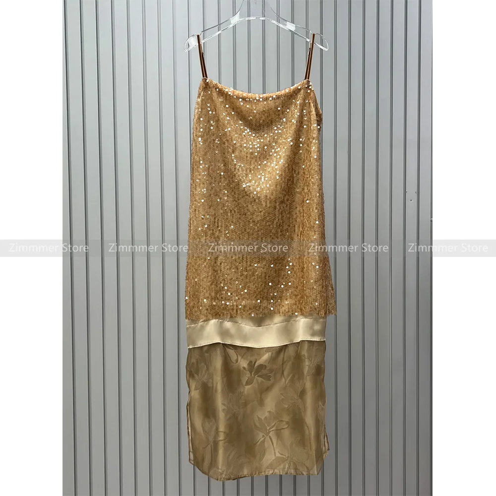 

Sparkling Sequins Splicing New Chinese Stacked Halter Dress Women 24 Summer Mesh Design Straight Skirt