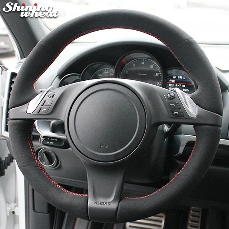 

Shining wheat Black Suede Car Steering Wheel Cover for Porsche Cayenne Panamera 2010- 2011