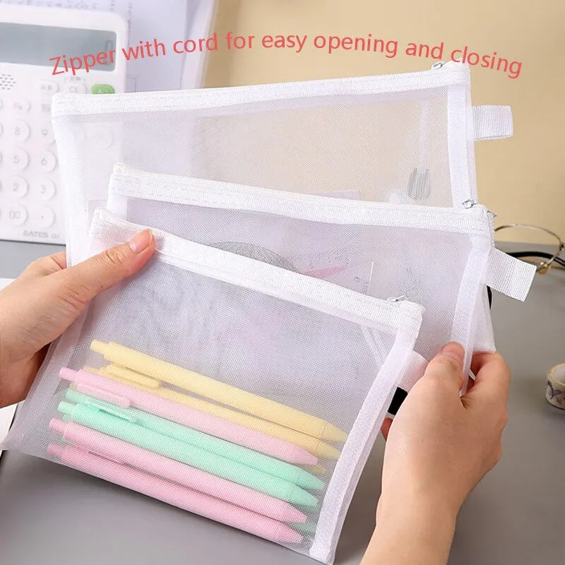 3pcs/Set Transparent Document Bag Mesh Zipper Information Bag Small Fresh Large Capacity Stationery Bag