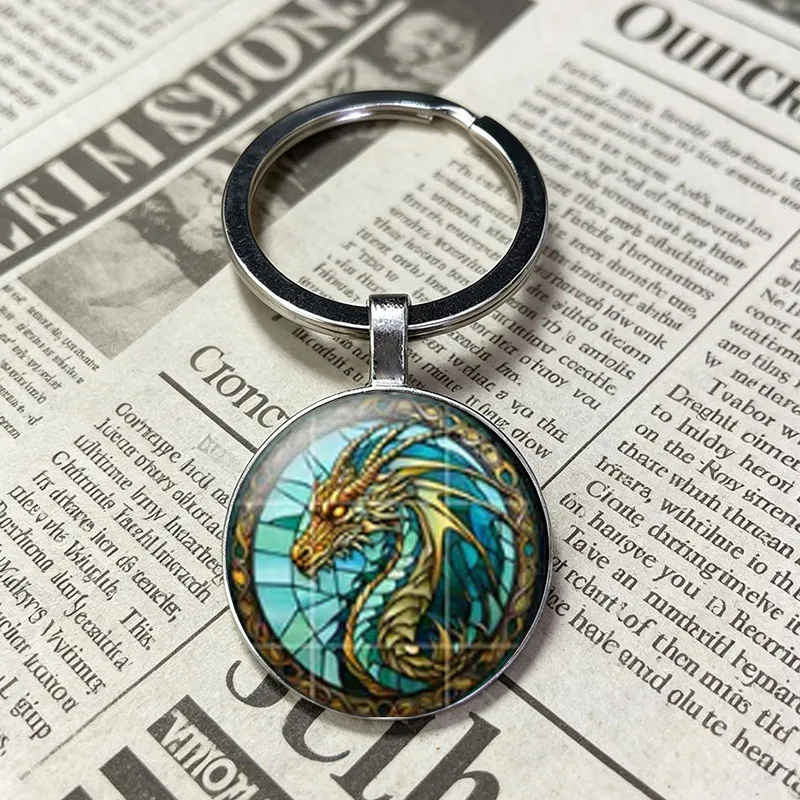 Medieval Legend Fire Dragon Keychain Color Mosaic Print Round Key Accessory For Game Lovers Gift
