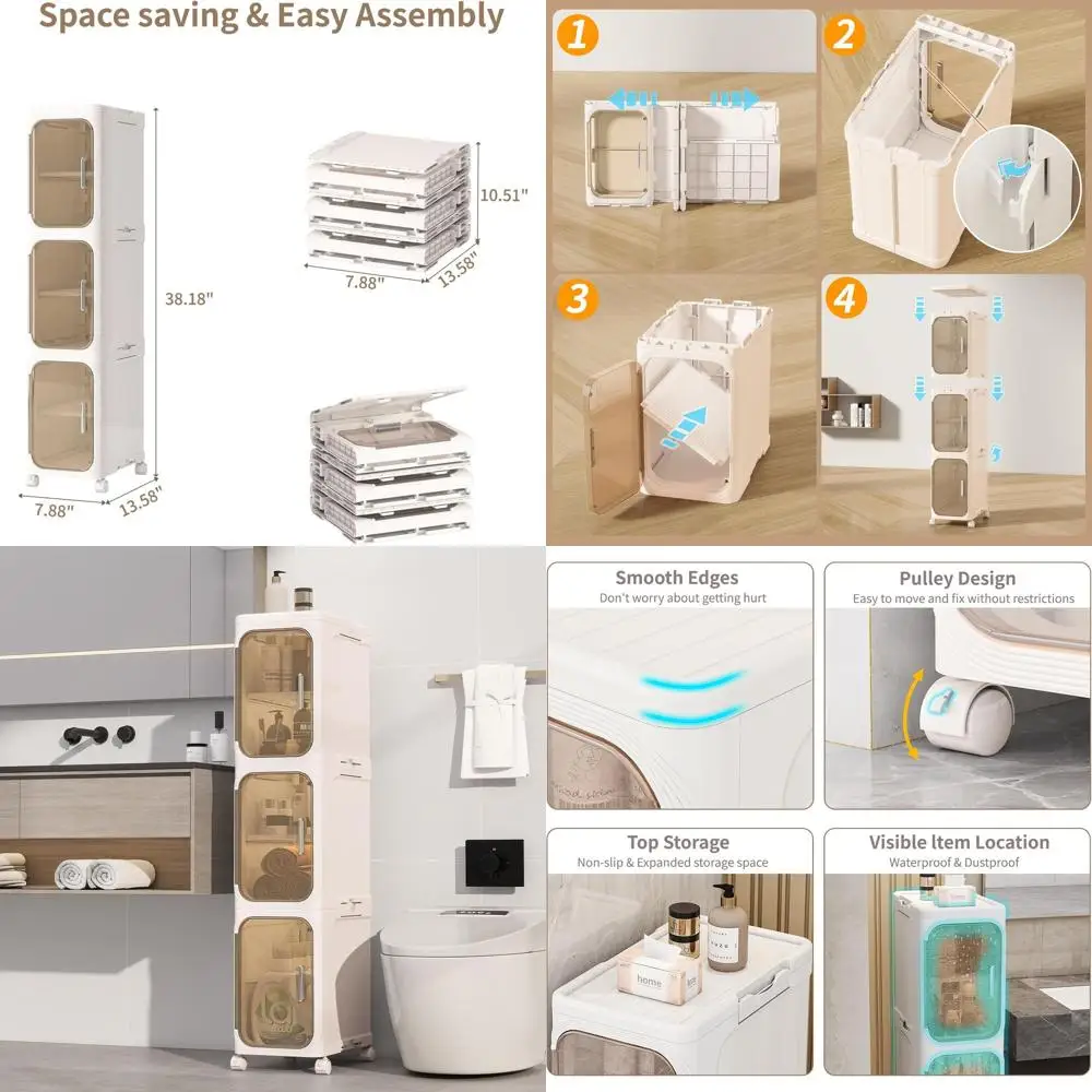 

Space-Saving Slim 3-Tier Bathroom Storage Cabinet, Foldable, Ideal for Small Spaces, Cream White