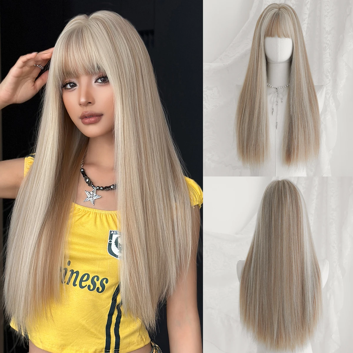 7JHH WIGS Lange, glatte, aschblonde Perücke für Damen, synthetische, modische Perücke zum sofortigen Tragen, beige Perücke mit sorgfältigem Pony