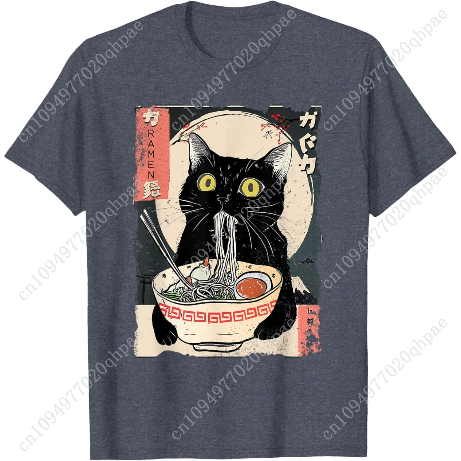 Kawaii القط الأكل رامين الشعرية مضحك أنيمي هدية الفتيات المراهقين تي شيرت