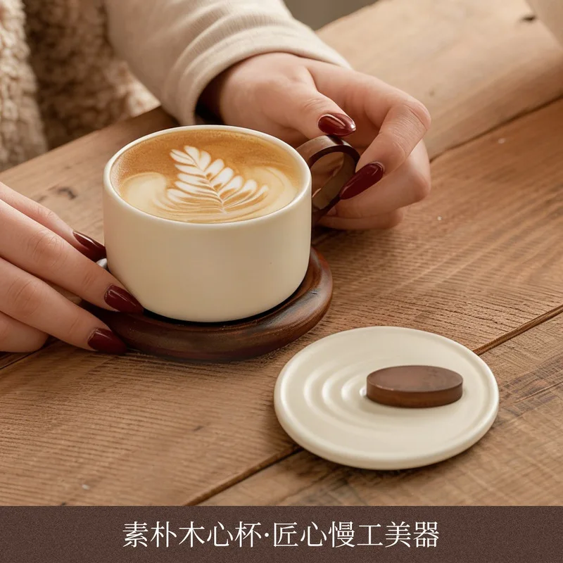 Retro Wooden Lid Rough Clay Coffee Cup and Saucer, Ceramic Wood Handle Mug, Couple Water Cups for Home Teahouse Drinkware