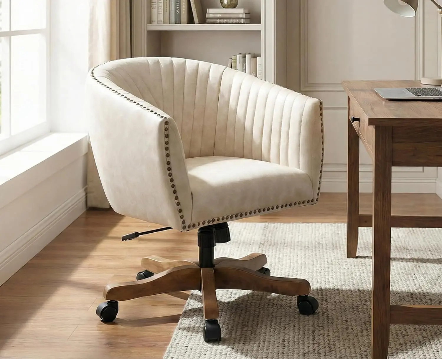 Home Office Study, Beige Faux Leather Chair, Upholstered Barrel Design, Adjustable Arm, Nailheads, Silent Wheel