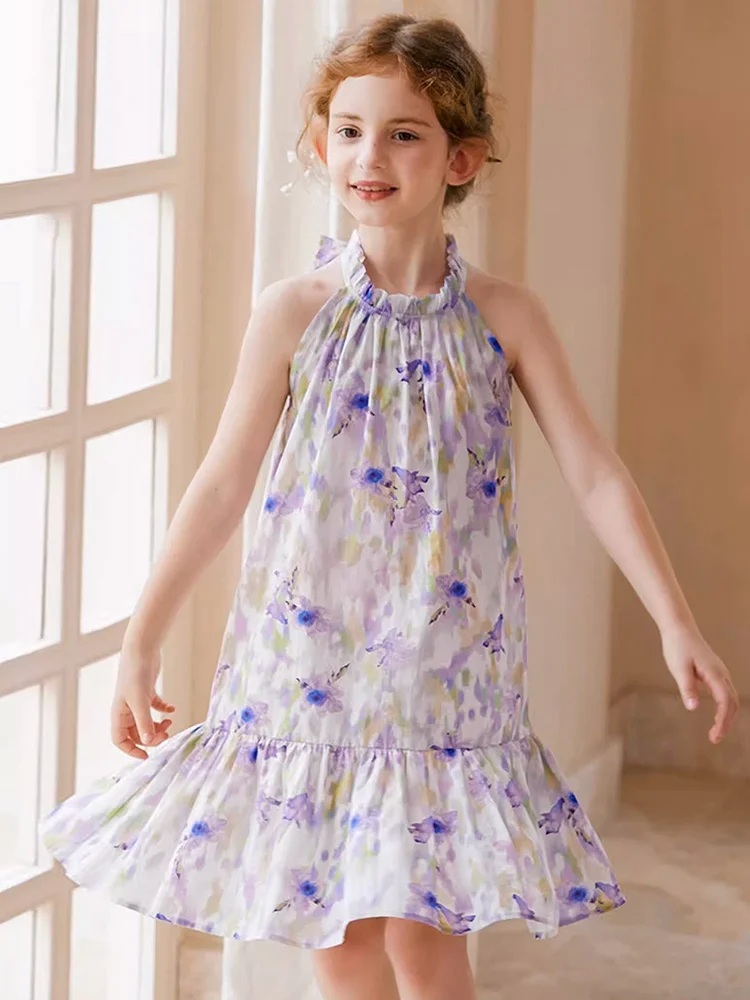 3T 14years Baby Girls Summer Holiday Beach Dresses 100% 60S Cotton Sleeveless Purple Small Floral 110cm Kids 170cm Mother Dress