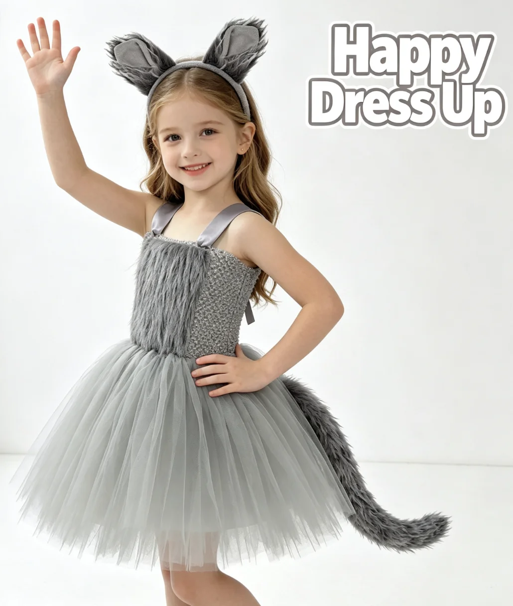 Kids Wolf Halloween Animal Jungle Themed Party Tutu Dress With Fluffy Headband And Tail Stage Performance Holiday Dress Up Wear