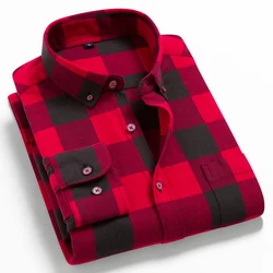 Men's Contrast Color Plaid Print Long Sleeve Cotton Shirt, Spring/Fall Fashion Outerwear For Male, Slim-fit Thick Flannel Shirts