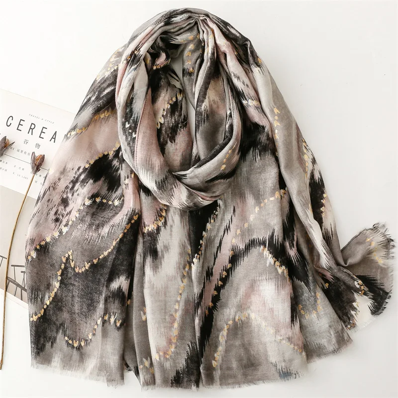 2024 New Gradient Color Fringe Gold Foil Scarf Shawls Long Women Cotton Geometry Scarves Hijab Wrap 6 Color