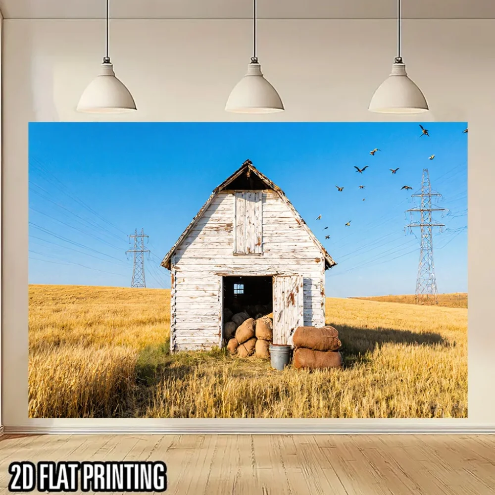 2D Flat, 1pc Rustic Farmhouse Banner - Vintage Farmhouse Decor with Golden Wheat Field & Cabin Scene - UV Printed Polyester Fabr
