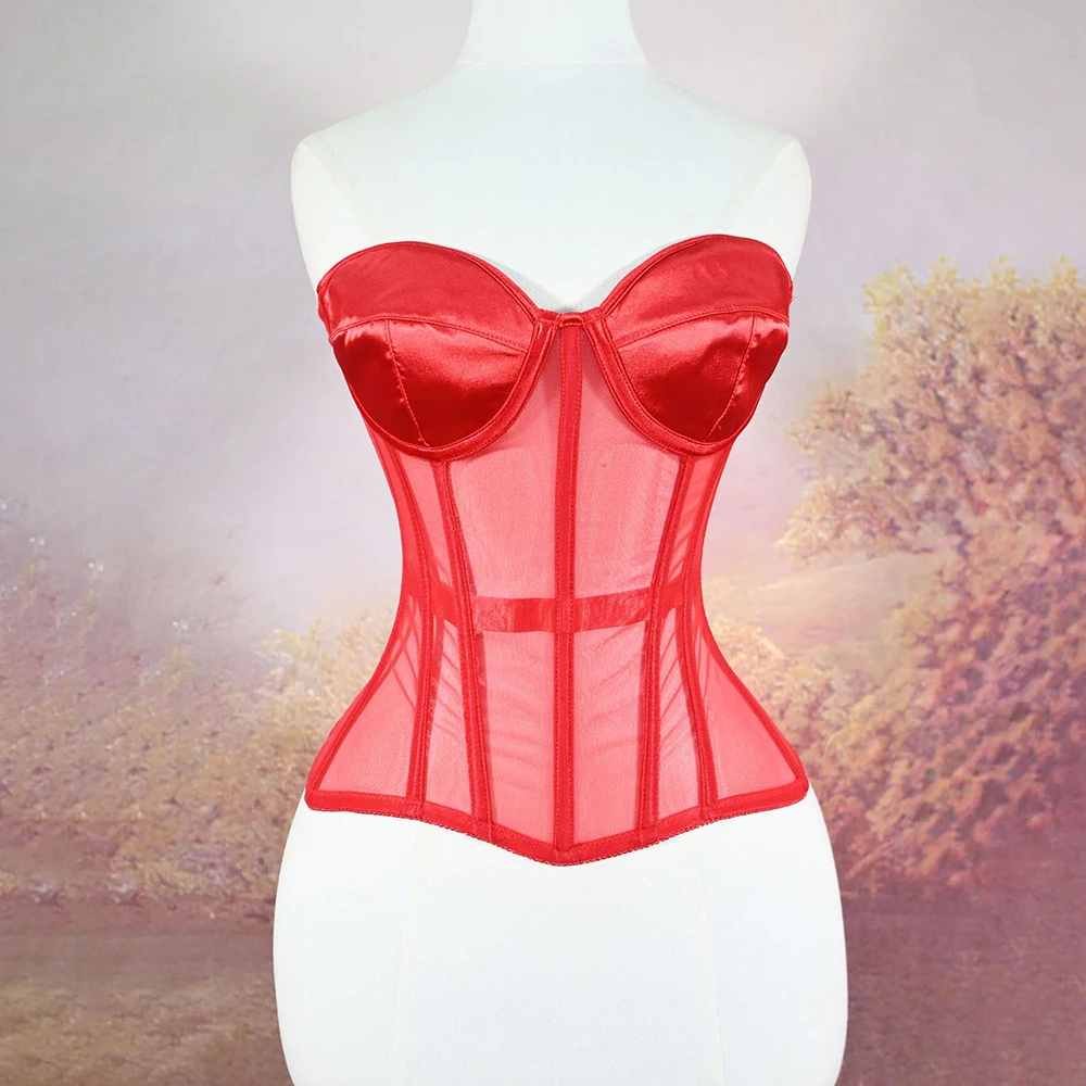 Women's Corset Bustiers Strapless With Bra Breathable Mesh Lace Up Boned Bodices Waist Girdle Tummy Control Tight Tops view 5