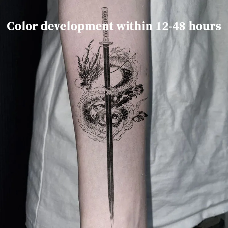 Coiled Dragon Through Katana Herbal Juice Tattoo Sticker Fake Temporary Tattoos Tatoo Tatuaje Novelty in Toys Hotwife Stickers