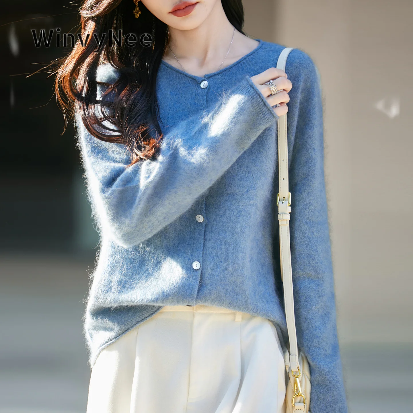 WinvyNee Women Loose Button‑Front Knit Cardigan Cashmere Round Neck Long Sleeve Brushed Fabric Fall Soft Fine Knit Airy B1743011
