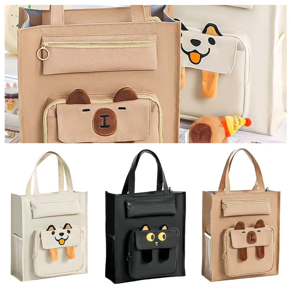 Large Capacity Capybara Canvas Bag Shopping Canvas Handbag Dog Shoulder Bag Black Cat Cartoon Student Tote Bag Boys Girls